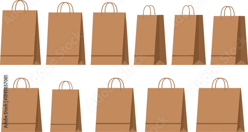 Paper shopping bag set in different sizes, realistic retail packaging illustration for store branding, ecommerce, marketing, consumer purchases, and product presentation design