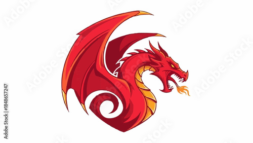 A red dragon illustration with swirling tail and fiery breath, depicted in a dynamic, graphic style