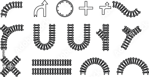 Set of railway track elements and curved rail segments, outline train path icons for transportation maps, logistics diagrams, infrastructure planning, and infographic design