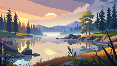 Very beautiful peaceful beginning of a new day on a secluded lake in northern Wisconsin, featuring calm water, soft morning light, misty atmosphere, and untouched north woods serenity.