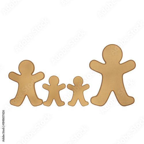 A set of four identical gingerbread man cutouts on transparent background