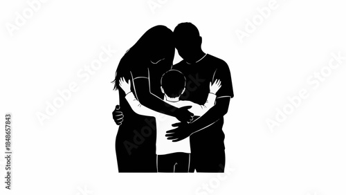 Silhouette of a loving family embracing tightly together.