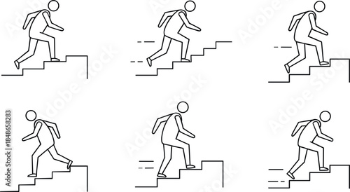 Business growth and progress stick figure outline vector set showing person climbing stairs upward isolated on white background for success, career, and motivation design