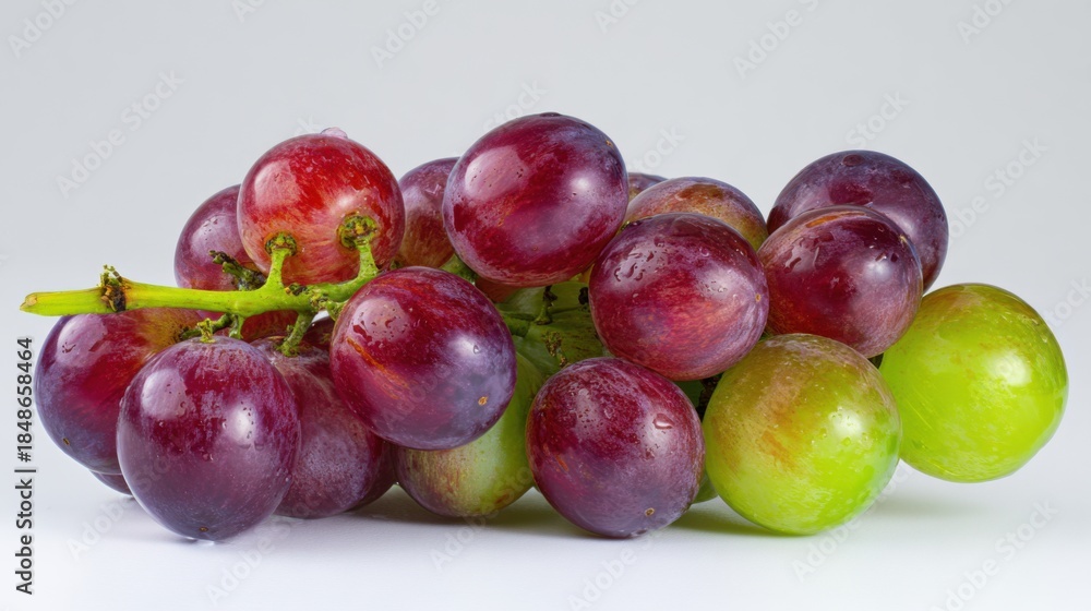 Obraz premium cluster of Muscat grapes on a clean white background, glossy purple and green grapes, detailed skin, clear stems