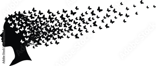 Woman's Face Silhouette with Butterflies Flying From Hair, Concept of Freedom, Femininity, Nature, and Mental Health Transformation, Vector Illustration of Beauty