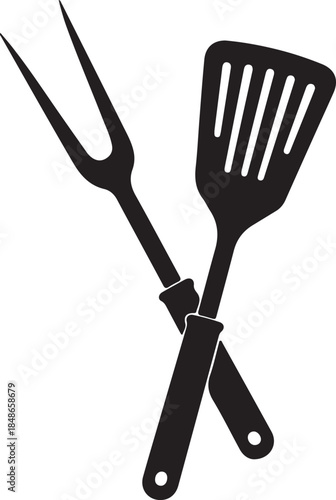 Crossed black silhouette of a barbecue fork and a slotted spatula on a white background representing grilling tools also transparent background