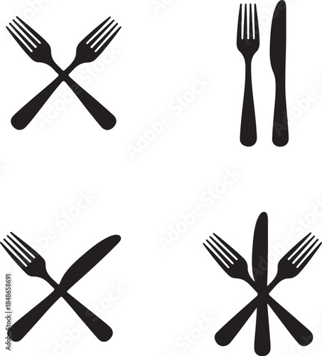 Collection of black silhouette depicting various cutlery arrangements including crossed forks and knives, symbolizing dining and culinary themes also transparent background