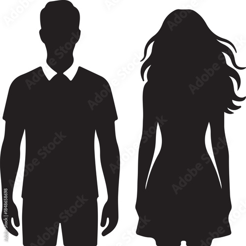 Full body silhouettes of a man in a collared shirt and trousers and a woman in a dress, representing diverse human forms and casual attire also transparent background
