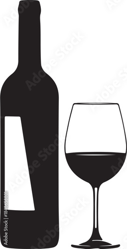 Silhouette of a wine bottle with a blank label and a glass filled with dark red wine on a white background also transparent background