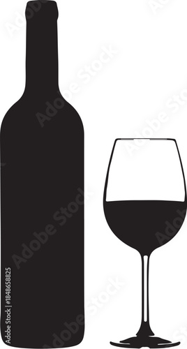 Silhouette of a wine bottle with a blank label and a glass filled with dark red wine on a white background also transparent background