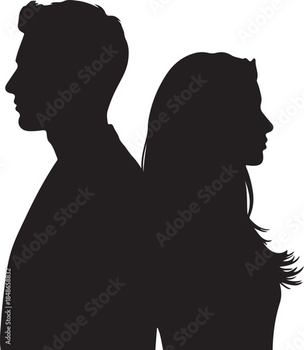 Silhouettes of a man and woman facing away from each other symbolizing relationship distance conflict or a breakup in a stark black and white profile also transparent background