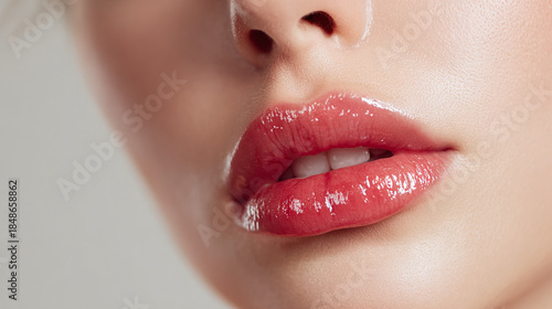 Beautiful woman showing full lips and glossy lipstick makeup