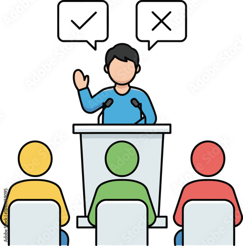 A speaker at a podium presents arguments for and against a topic to an attentive audience