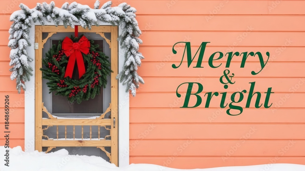 Obraz premium Merry Bright Christmas Wreath on Snowy Door.