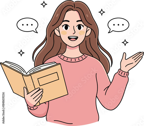A friendly young woman holds an open book and gestures while explaining an important concept