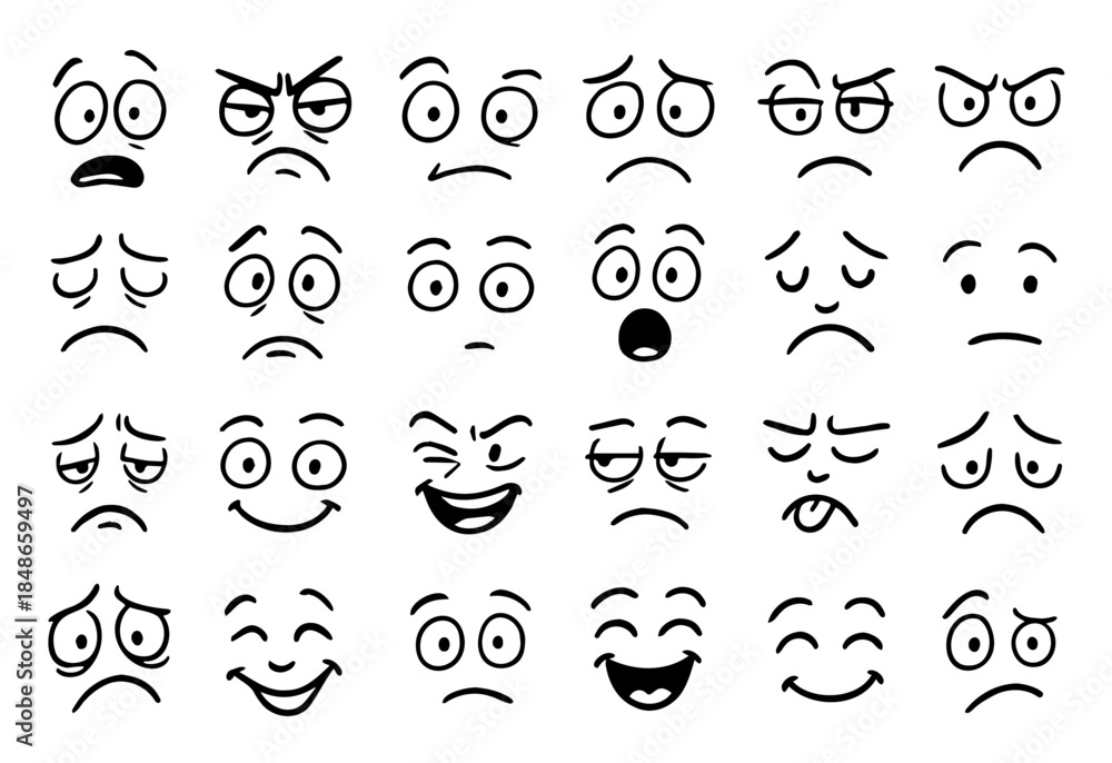 Naklejka premium A set of various cartoon faces with different emotions on a white background. doodle