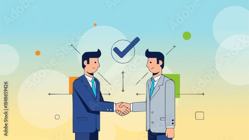 Two businessmen shaking hands with a checkmark above them symbolizing agreement and success.