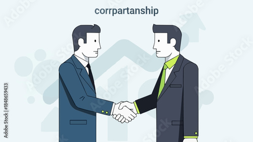 Two businessmen shaking hands in a partnership agreement illustration.