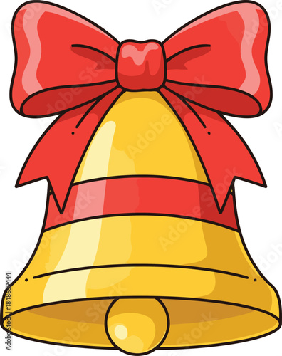 A golden ringing bell with a vibrant red bow is ready for holiday celebrations and festive cheer