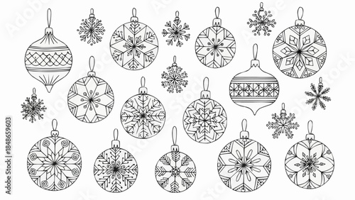 Collection of Hand Drawn Christmas Ornaments and Snowflakes.