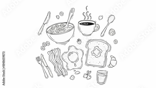 Hand Drawn Breakfast Food Items Collection Vector Illustration.