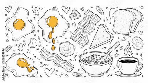 Delicious Breakfast Spread with Fried Eggs Bacon Toast and Coffee.