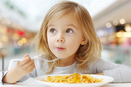 Toddler eating pasta at a bright restaurant table, holding a fork and looking curious. Healthy kids meal concept, family lifestyle, playful expression with soft bokeh.
