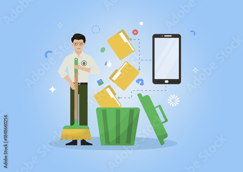 Man Deleting Files from Smartphone to Trash. data management, digital decluttering, and mobile storage cleanup concepts. Digital cleanup day.  Cleanup digital data. Flat design. Vector illustration.