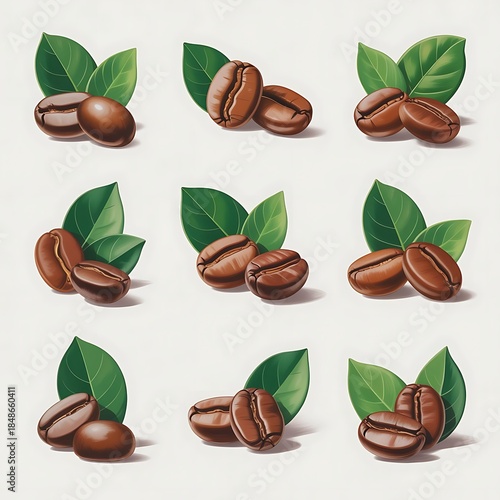 Coffee beans with green leaves on white background isolated