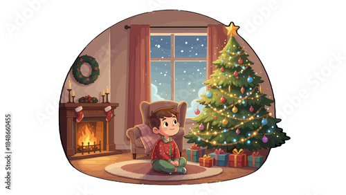 A young boy in festive pajamas sits by a Christmas tree.