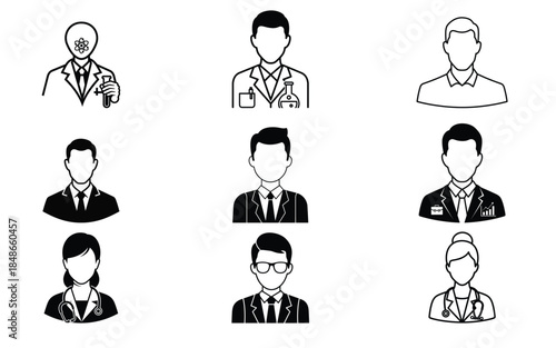 Illustrations of nine faceless business professionals in suits