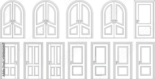 Architectural door outlines collection with classic and modern designs, interior exterior entrances, linear vector illustrations for construction projects