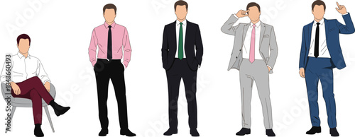 Business men illustration set in formal suits showing standing sitting gestures, professional male characters for corporate branding, marketing design projects