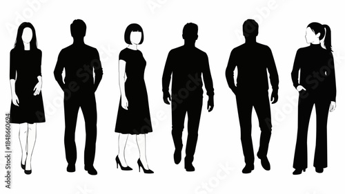 Group of Diverse Silhouettes of People Standing and Walking.
