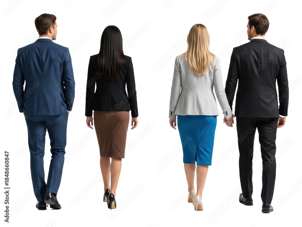 Obraz premium Two business couples walking away from camera, men in suits and women in professional attire, isolated on transparent background