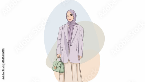 Fashionable Muslim Woman in Hijab and Blazer Holding Handbag.