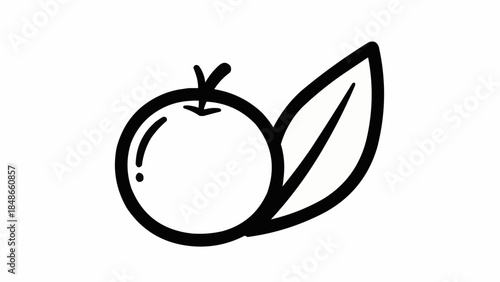 Simple Line Art Icon of a Fresh Orange Fruit with a Leaf.