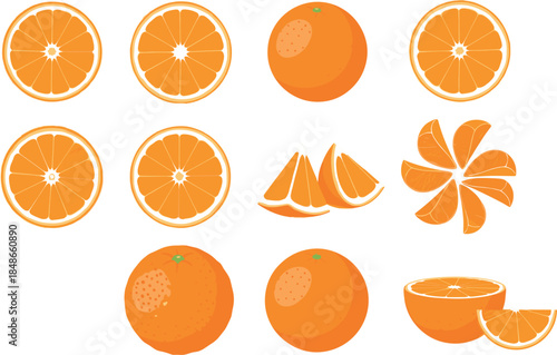 Orange fruit vector illustration set featuring whole oranges, slices, halves, and segments in bright flat style isolated on white background for food and nutrition design
