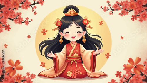 A smiling Chinese goddess with long black hair sits cross-legged surrounded by cherry blossoms in a serene environment with a golden backdrop.