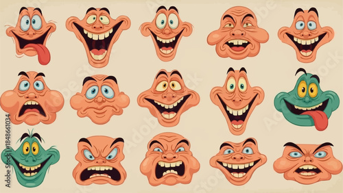 Collection of cartoon faces expressing various emotions and expressions.