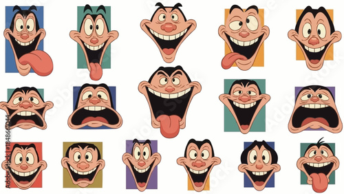 Collection of cartoon faces with exaggerated expressions and emotions.