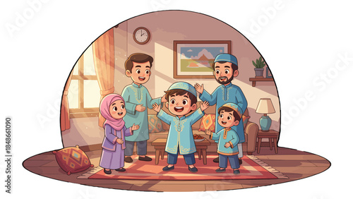 Happy Muslim Family Celebrating Together in Traditional Attire.