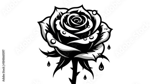 Black Rose with Water Droplets on White Background