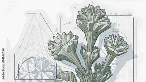 bouquet of snowdrops, Green Plant Growing on Technical Blueprint Background