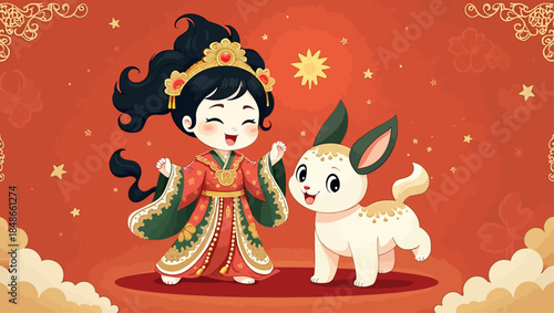 A young girl in traditional attire happily playing with a white dog on a red background with golden stars and clouds