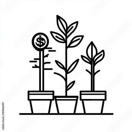 Outline icons of scalable finances coins and growth arrows for income planning and strategic savings