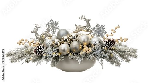 Silver Christmas centerpiece with reindeer ornaments pine cones and lights image