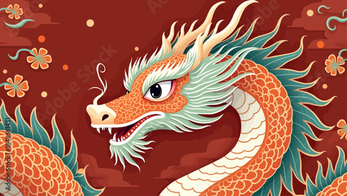Vibrant dragon illustration with intricate scales and flowing mane set against a red background with floral motifs