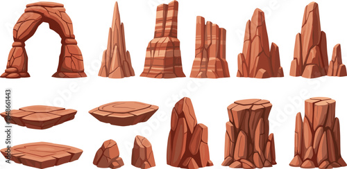 Desert rock formations illustration set, canyon sandstone cliffs, arches and boulders, western landscape elements, isolated nature geology vector collection