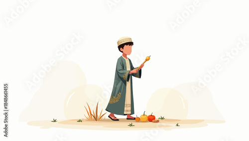 Man standing in desert landscape holding book and fruit illustration